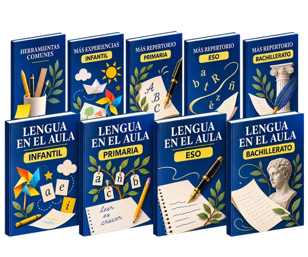 Mockup de cuatro materiales de Lengua en el Aula para Infantil, Primaria, ESO y Bachillerato.