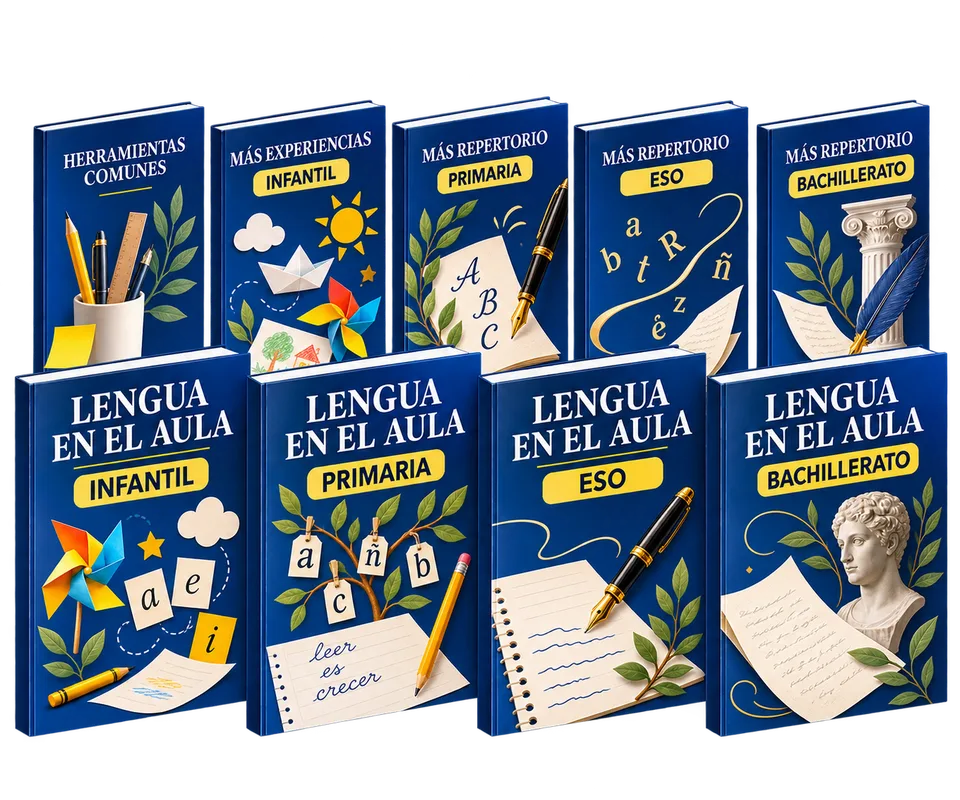 Mockup de cuatro materiales de Lengua en el Aula para Infantil, Primaria, ESO y Bachillerato.