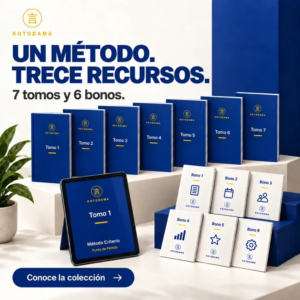 Mockup editorial de la colección Método Criterio con tomos y bonos digitales.