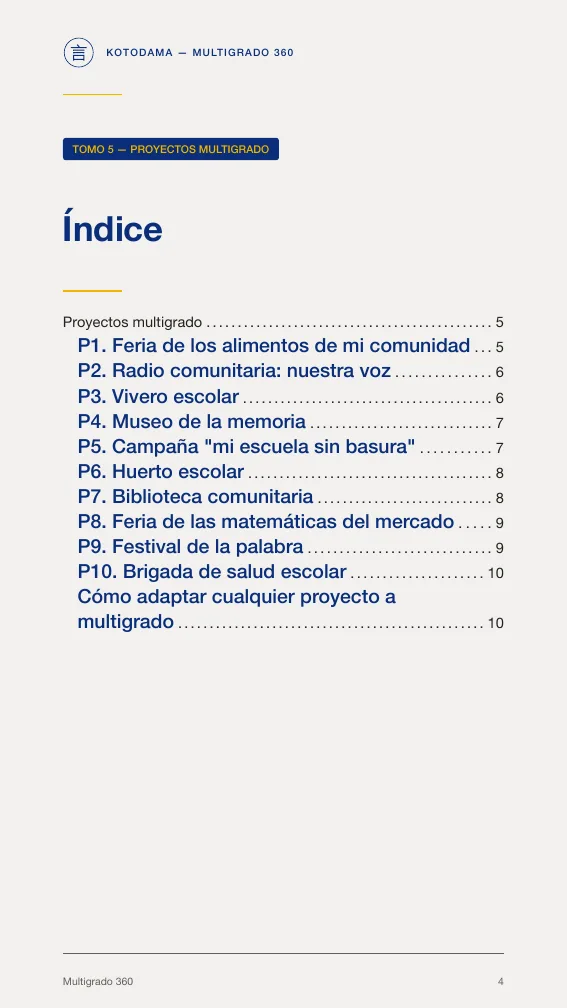 Página interior real del índice de proyectos de Multigrado 360.