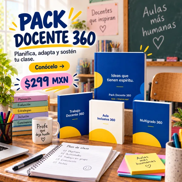 Mockup del Pack Docente 360 con sus tres sistemas y herramientas editables.
