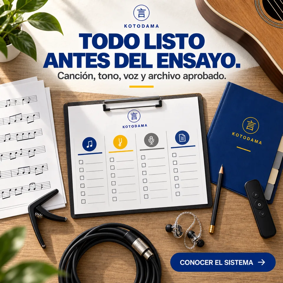 Escena ilustrativa de organización del repertorio: canción, tono, voz y archivo aprobado antes del ensayo.