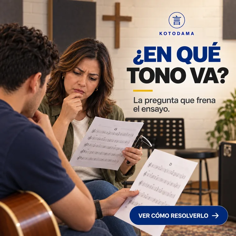 Dos integrantes de un equipo de alabanza comparan hojas musicales durante un ensayo en una iglesia.