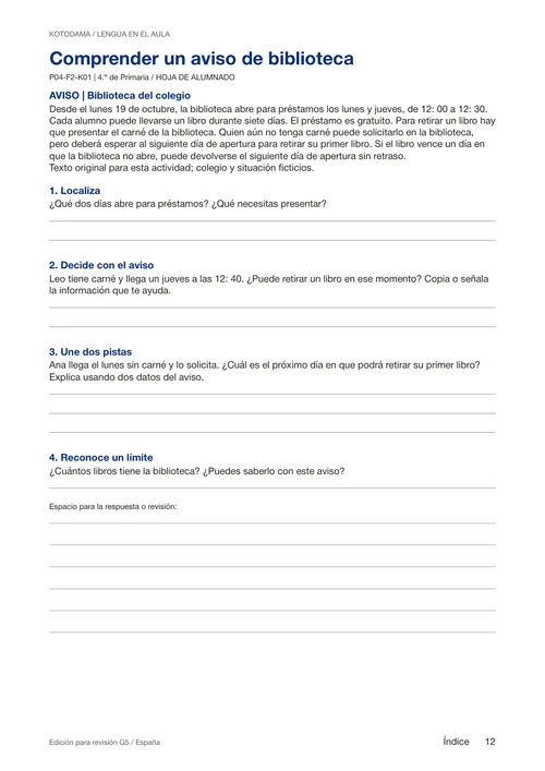 Comprender un aviso: hoja del alumnado