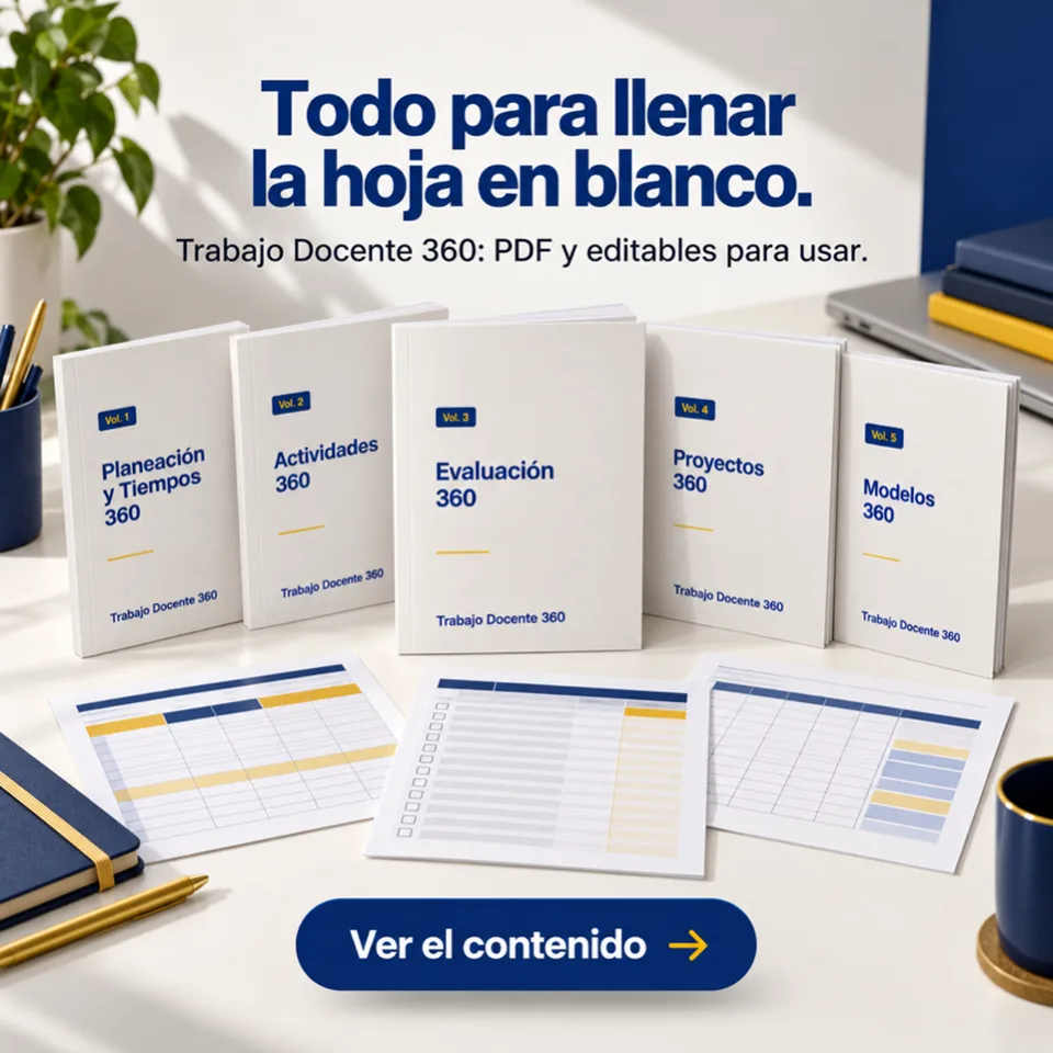Mockup de Trabajo Docente 360 con cinco volúmenes y planillas editables.
