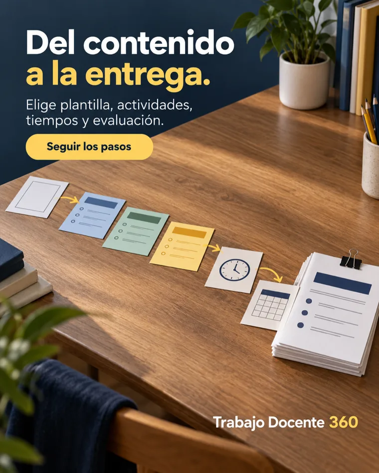 Creativo de Trabajo Docente 360 que muestra el paso del contenido a la entrega.