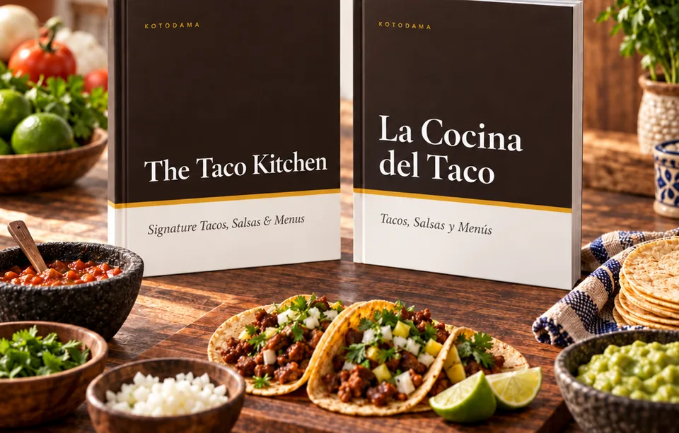 Product mockup showing The Taco Kitchen English and Spanish editions with taco ingredients and finished tacos.