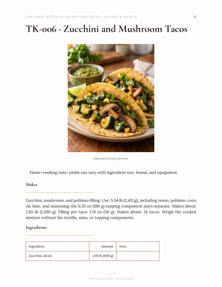 A real recipe page from The Taco Kitchen U.S. English edition.