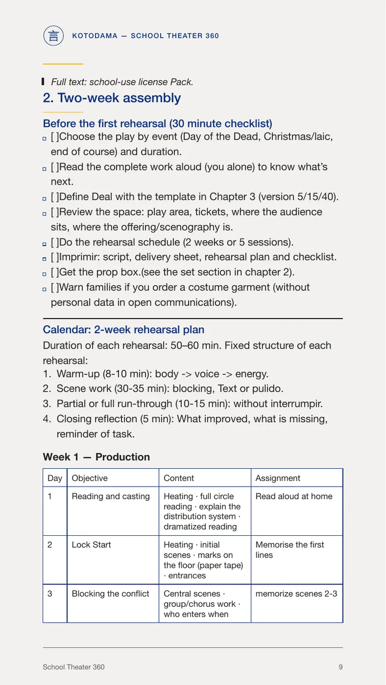 A real School Theater 360 rehearsal-planning page from the U.S. English delivery.
