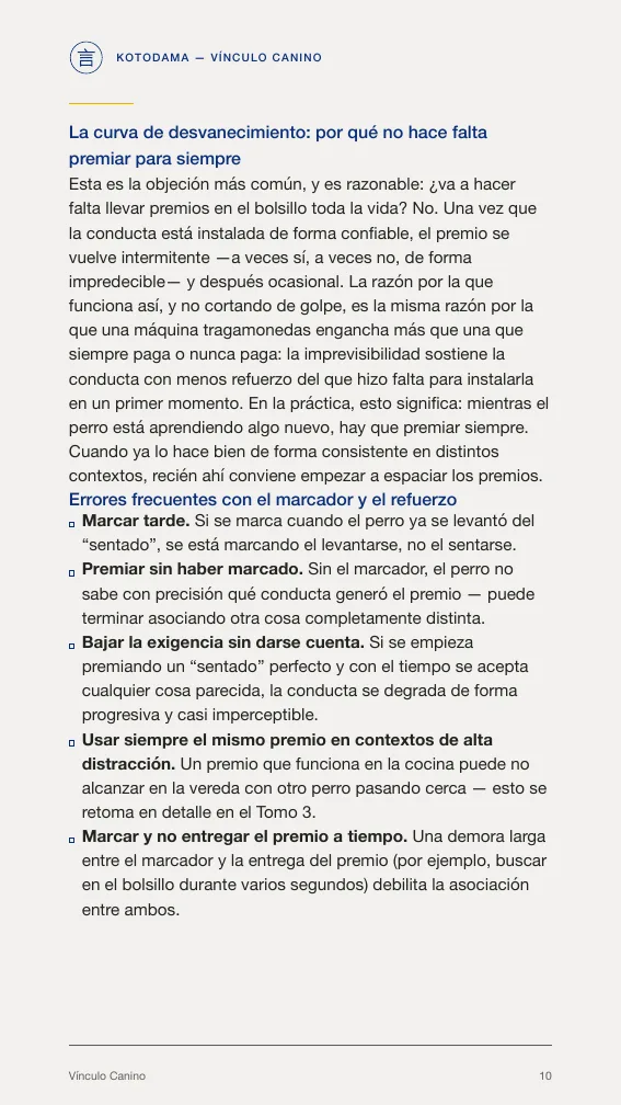 Página interior real del Tomo 1 de Vínculo Canino: errores frecuentes con el marcador y el refuerzo.