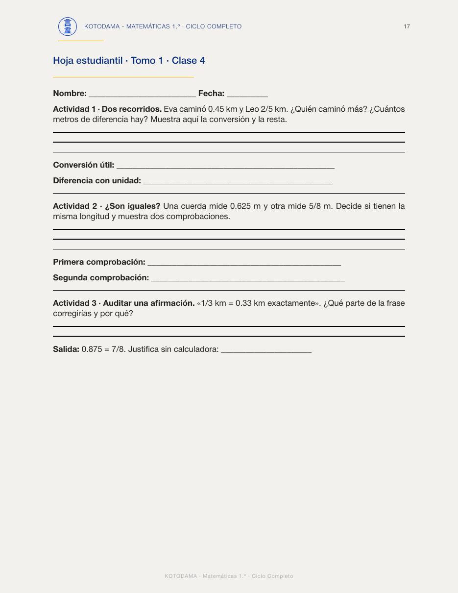 Hoja estudiantil real, Tomo 1, Clase 4 de Matemáticas 1.º